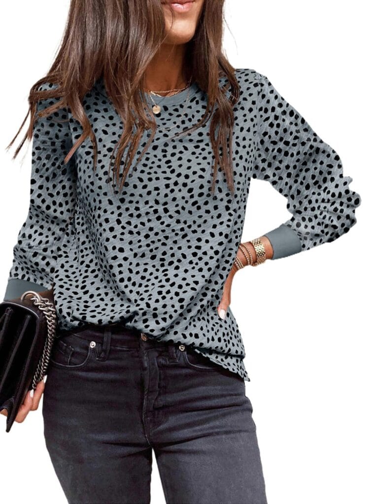 EVALESS Womens Casual Polka Dots Tops Crewneck Long Sleeve Shirts