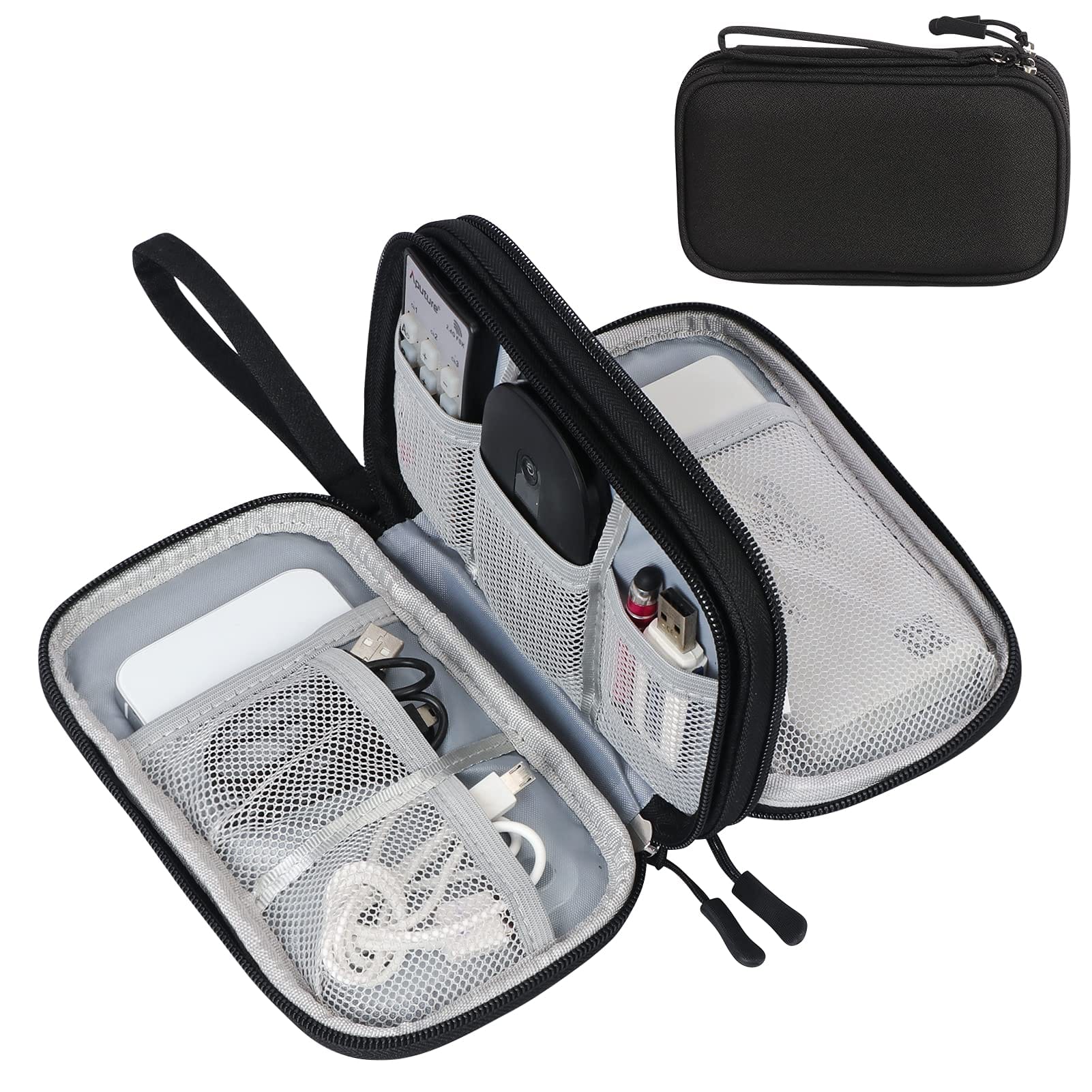 FYY Travel Cable Organizer Pouch Electronic Accessories Carry Case Portable Waterproof Double Layers All-in-One Storage Bag for Cord, Charger, Phone, Earphone Black Small Black