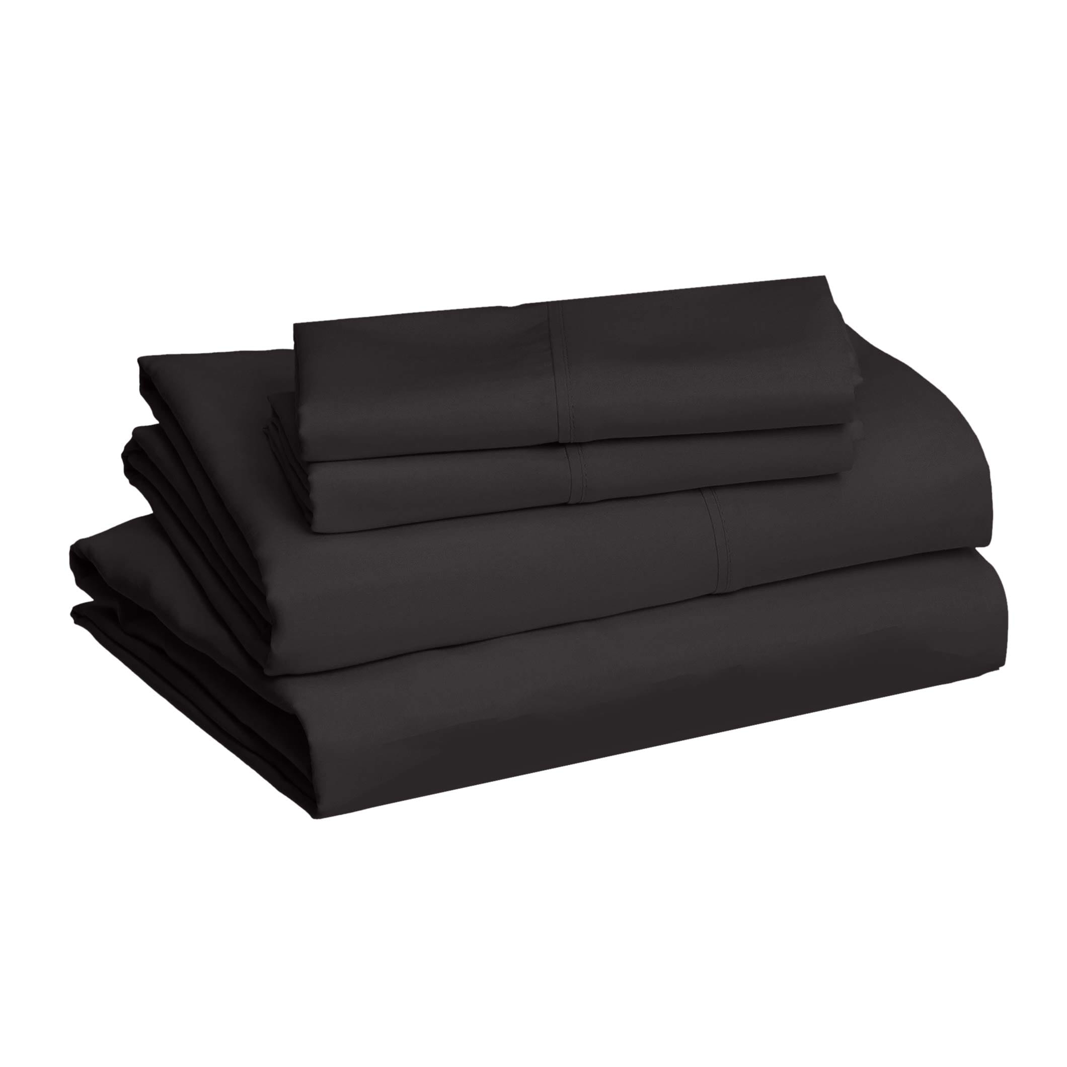 Amazon Basics Lightweight Super Soft Easy Care Microfiber 4-Piece Bed Sheet Set with 14-Inch Deep Pockets, Queen, Black, Solid Queen Sheet Set Black